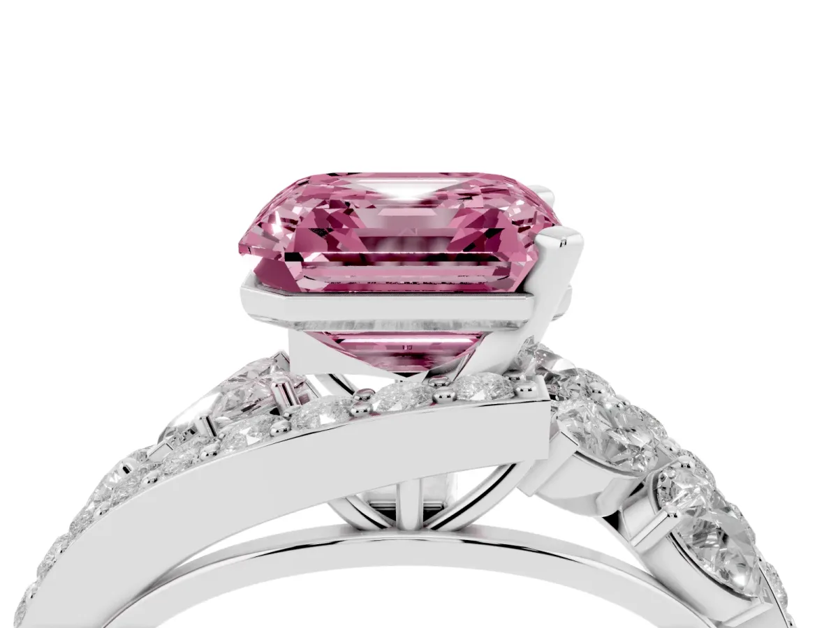Fancy Pink Asscher Cut Diamond Halo Ring with Marquise and Pavé Band in Prong Setting Silver