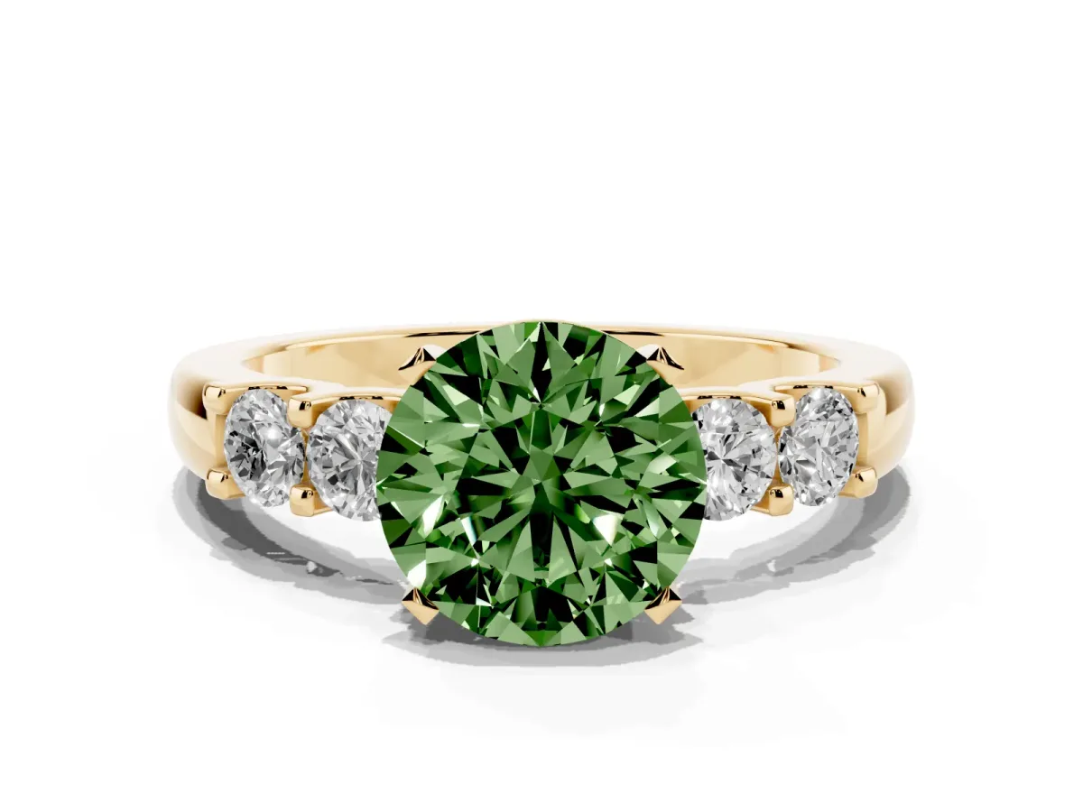 Fancy Green Round Cut Brilliant Cut Diamond Five-Stone Prong Set Engagement Ring with Channel Band Yellow gold