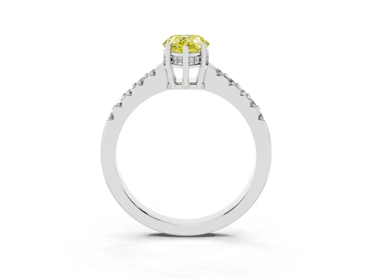 Fancy Yellow Pear Cut Solitaire Diamond Engagement Ring with Pavé Band and Six-Prong Setting White gold