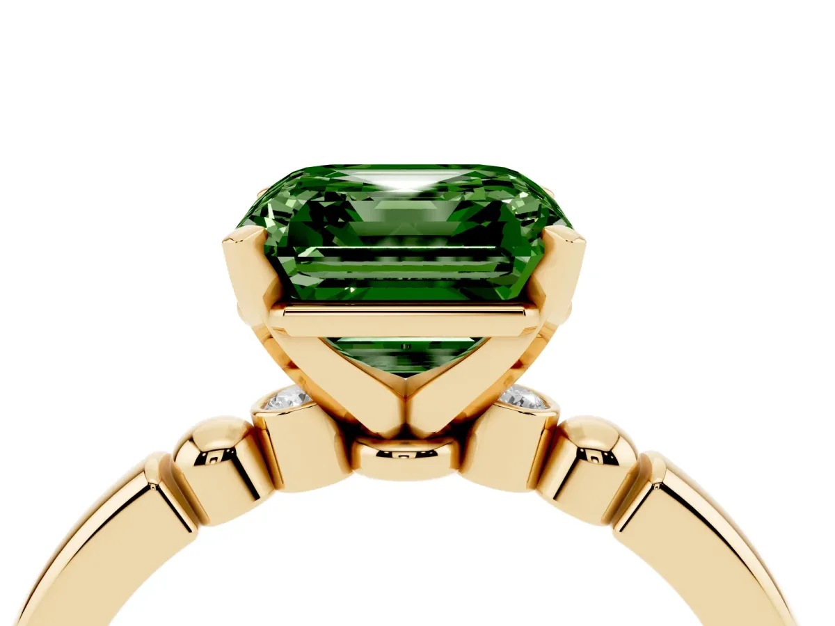Fancy Green Asscher Cut Solitaire Beaded Band with Four-Prong Setting Yellow gold