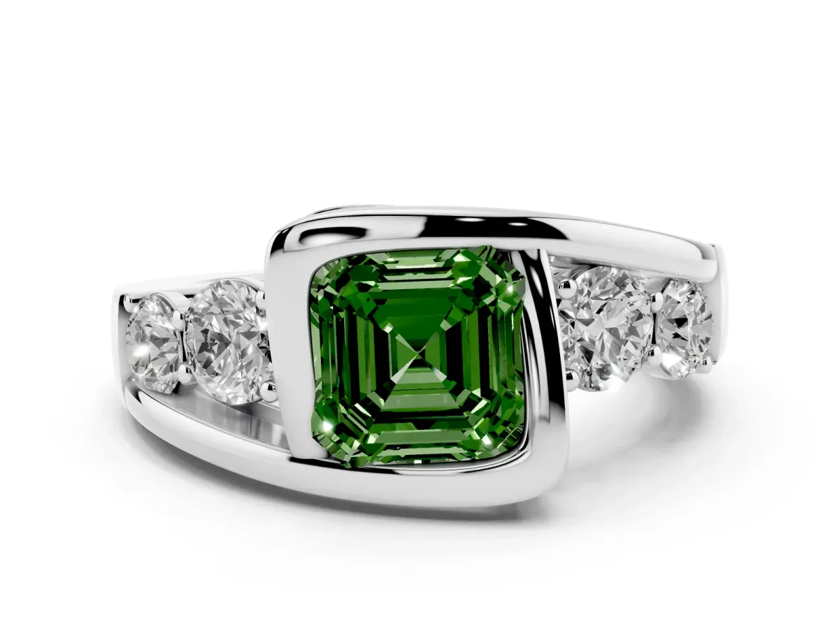 Fancy Green Bezel Set Asscher Cut Diamond Bypass Ring with Round Accents Silver