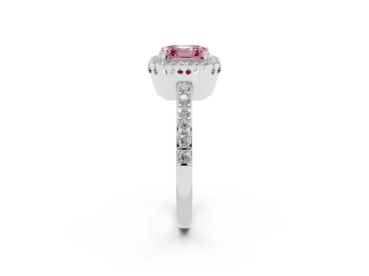 Fancy Pink Asscher Cut Cut Diamond Halo Engagement Ring with Milgrain Detail and Pavé Band White gold