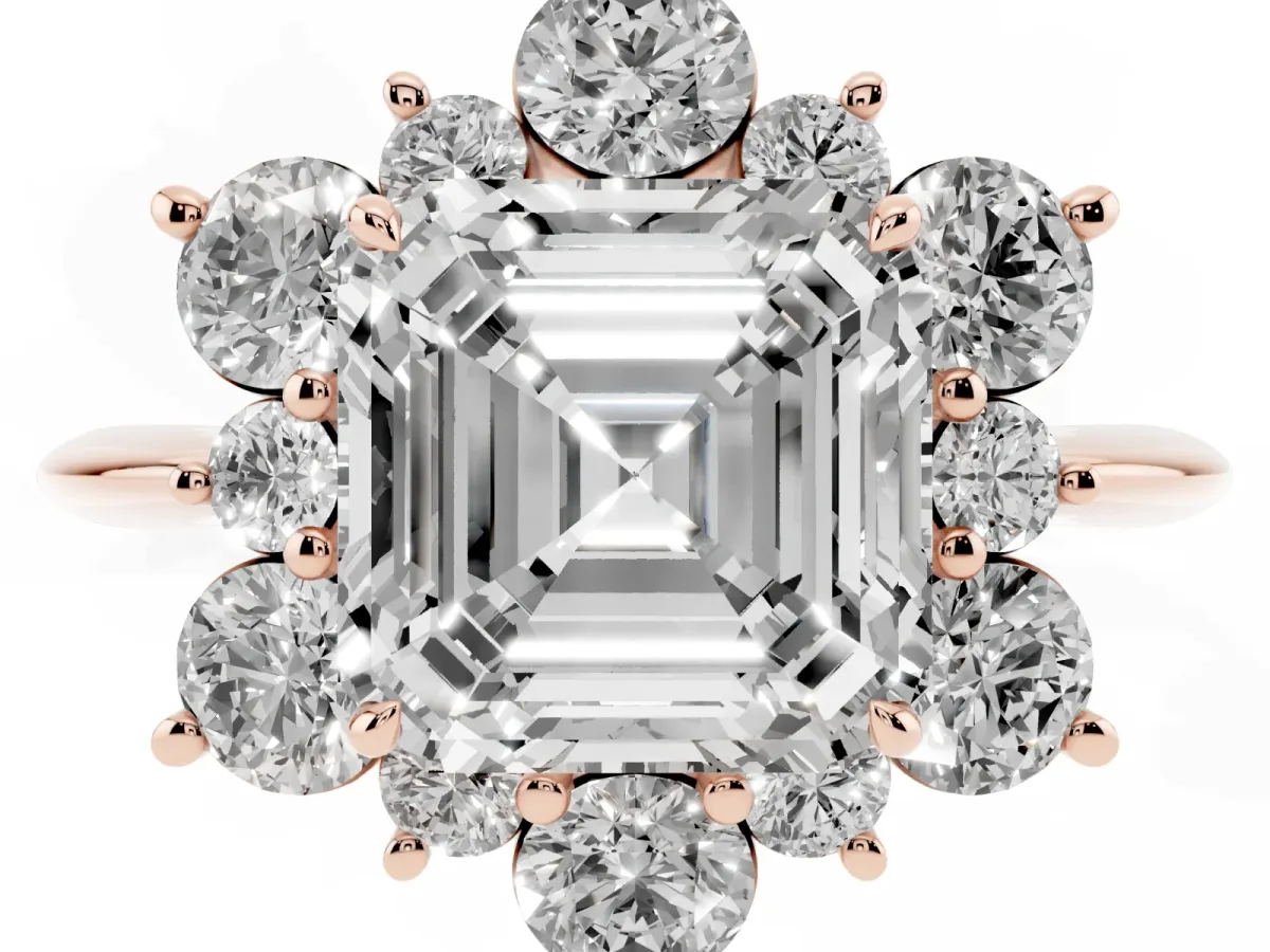 Asscher Cut Diamond Cluster Halo Ring with Solitaire Band and Four-Prong Setting Rose gold