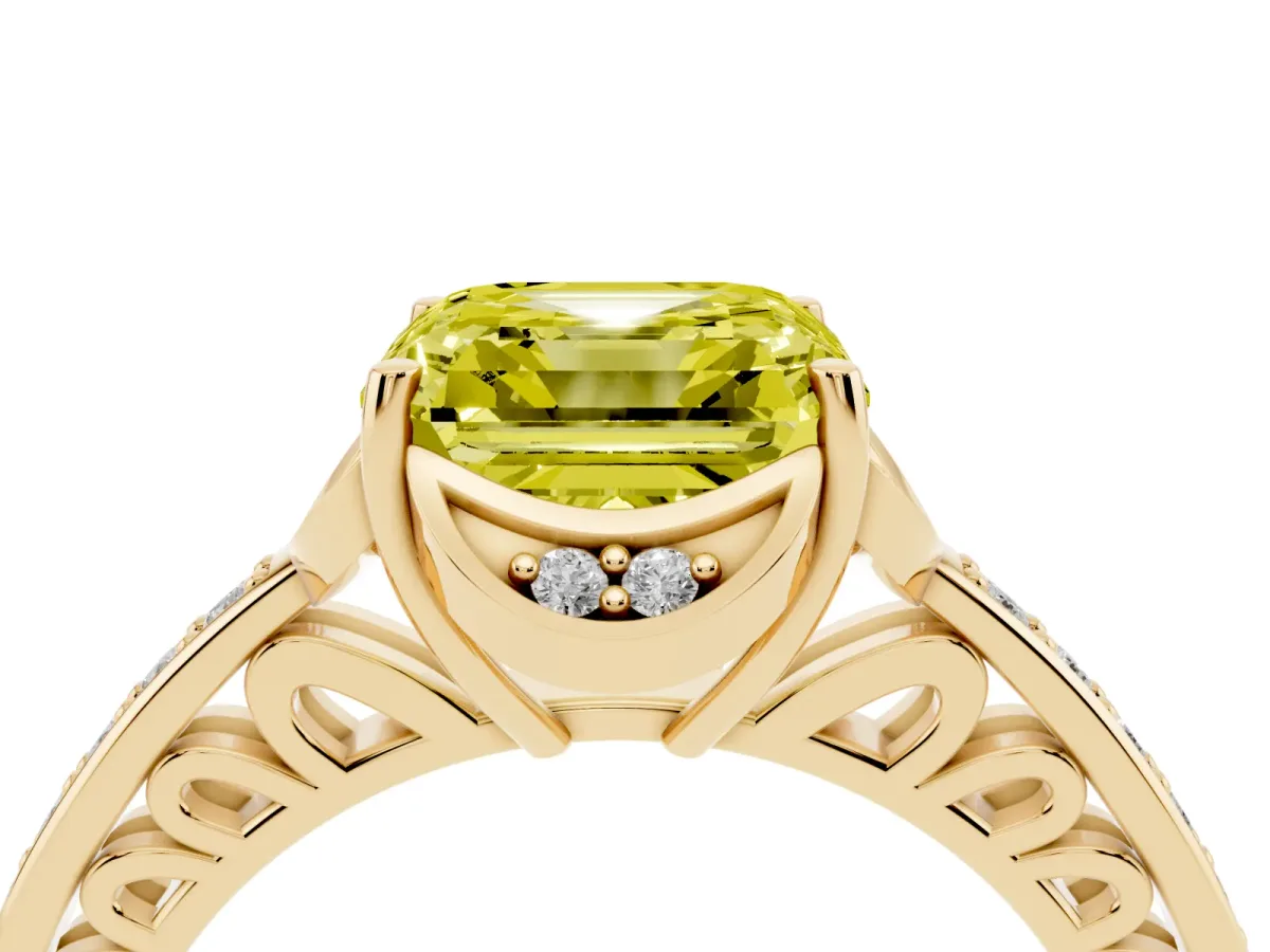 Fancy Yellow Asscher Cut Cut Halo Diamond Ring with Channel Set Band and Four-Prong Setting Yellow gold