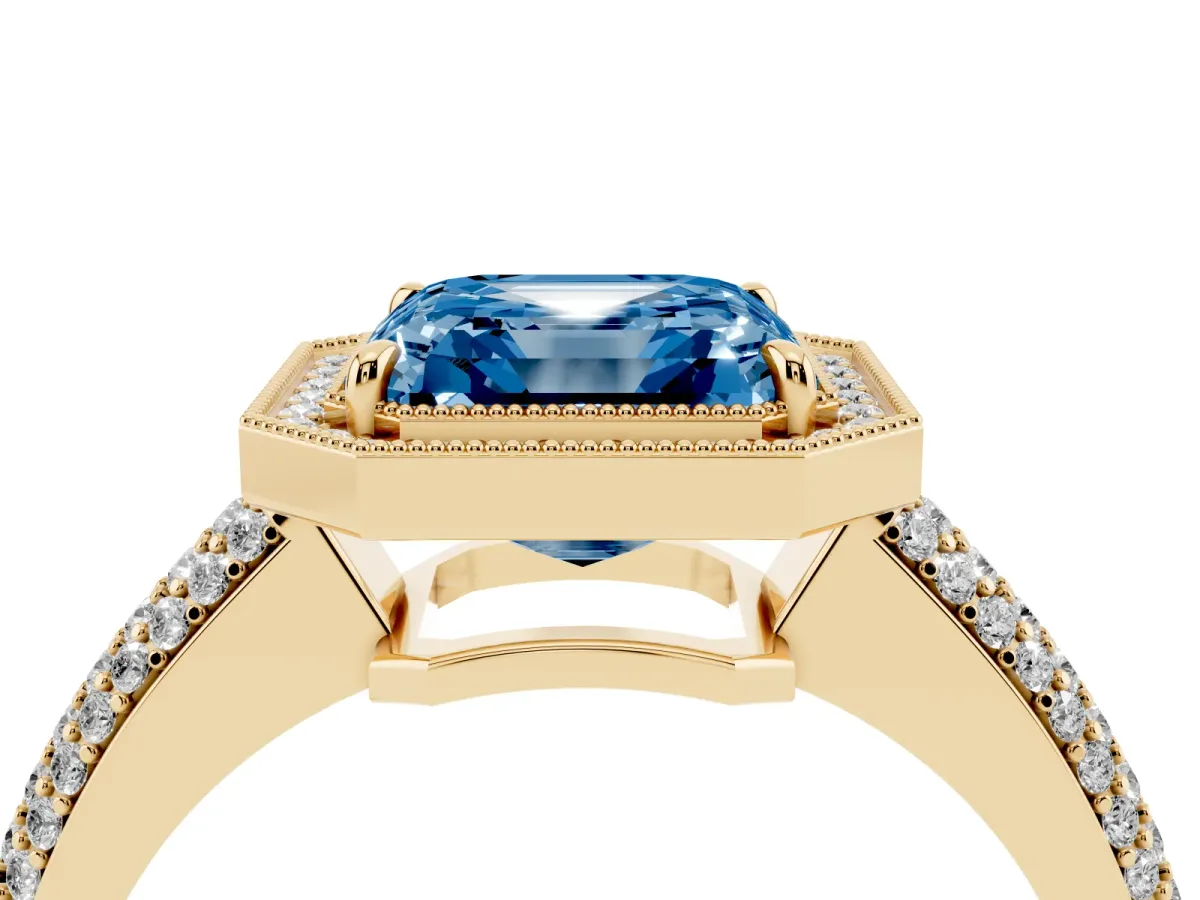 Fancy Blue Asscher Cut Cut Halo Diamond Pave Band with Four-Prong Setting Yellow gold