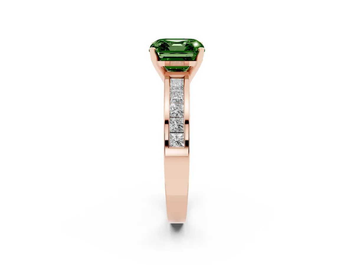 Fancy Green Asscher Cut Solitaire Diamond Ring with Channel-Set Band and Four-Prong Setting Rose gold