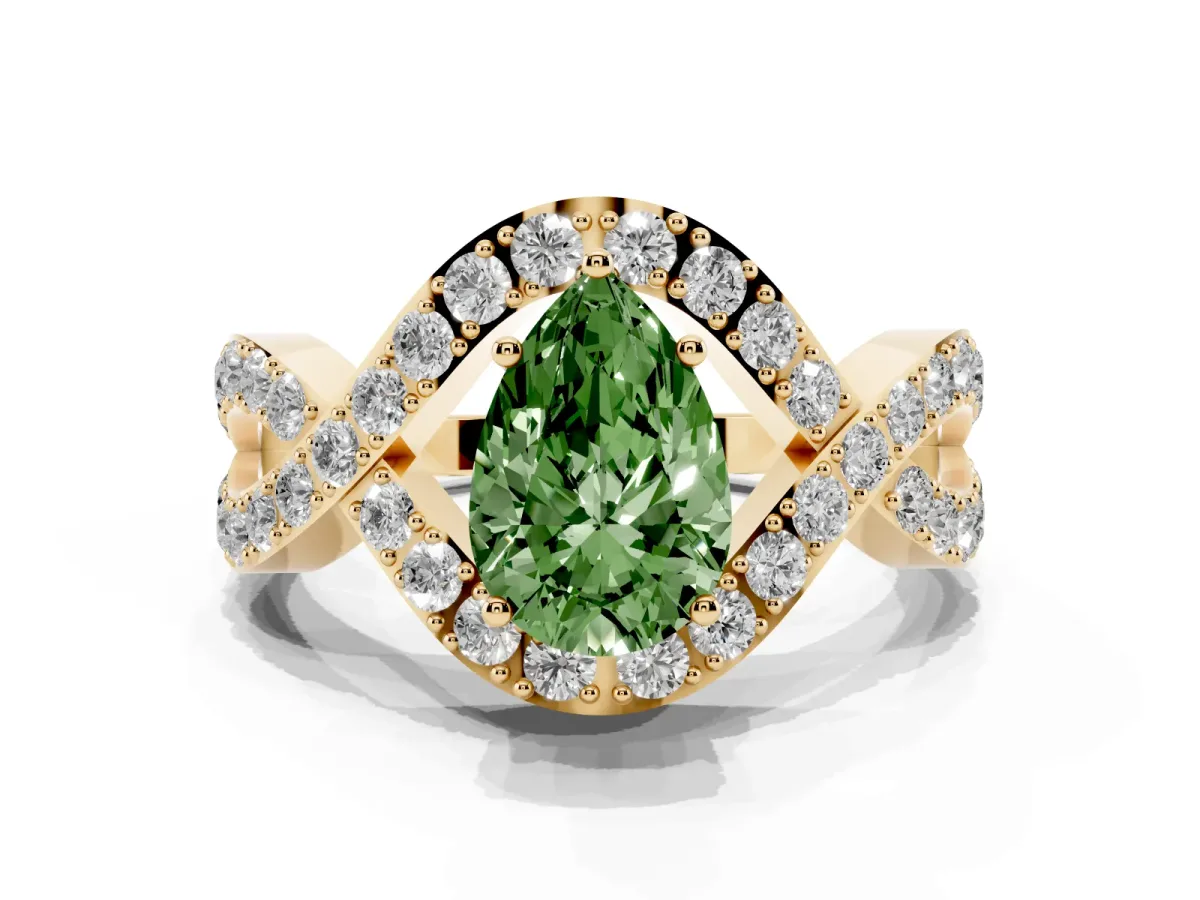 Fancy Green Pear Cut Solitaire Twist Band Pavé Diamond Engagement Ring Yellow gold