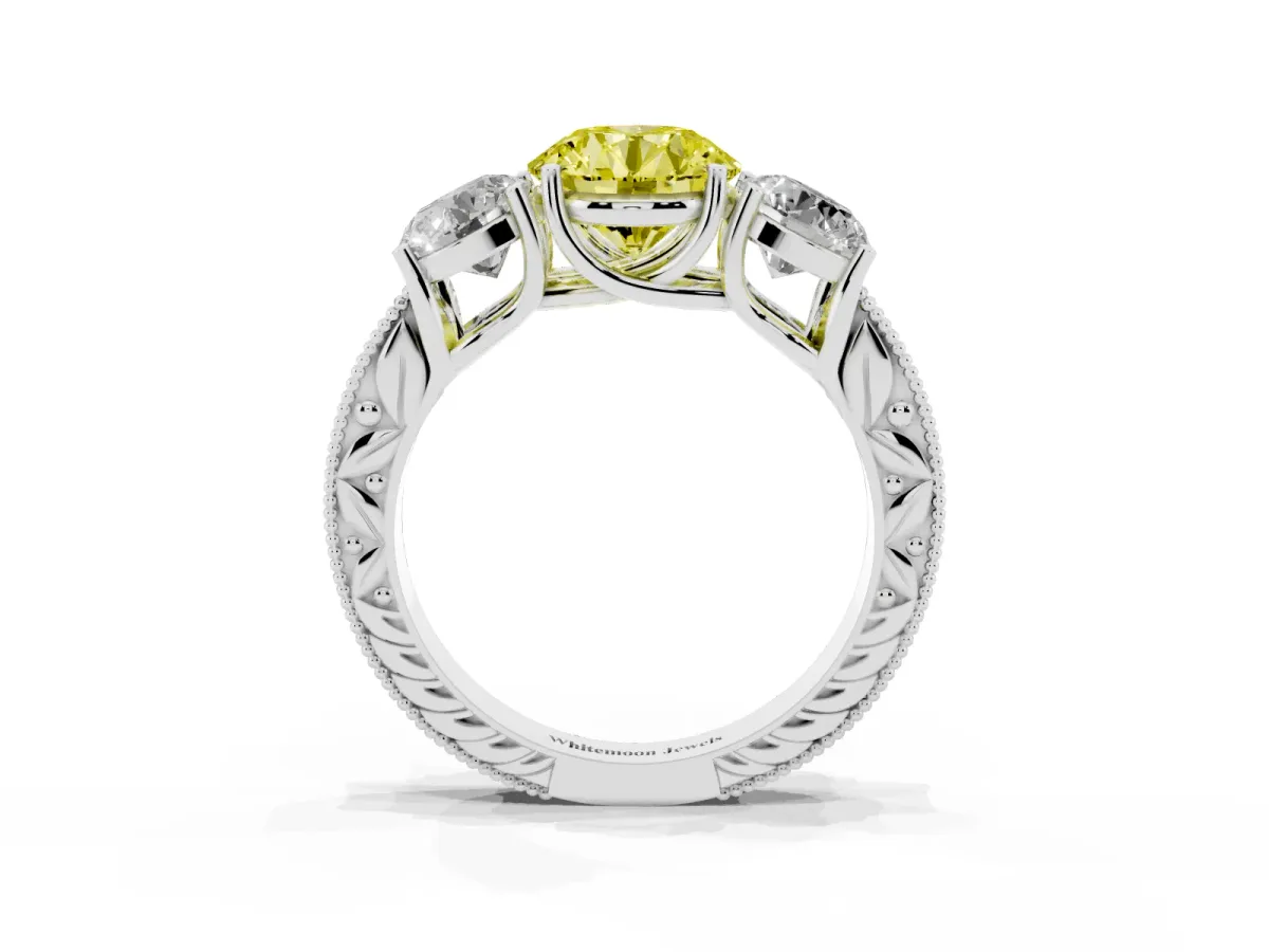 Fancy Yellow Three-Stone Round Cut Cut Milgrain Pavé Engagement Ring White gold