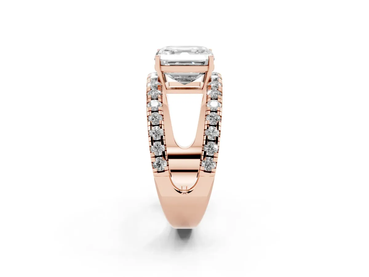 Asscher Cut Solitaire Split Shank Pave Diamond Ring Rose gold