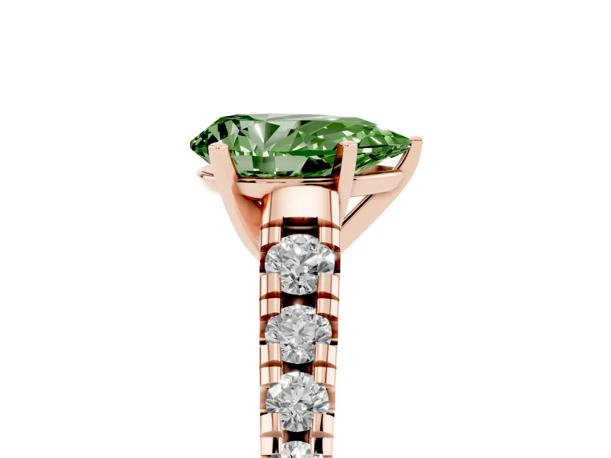 Fancy Green Pear Cut Diamond Cathedral Solitaire Ring with Round Pavé Band Rose gold