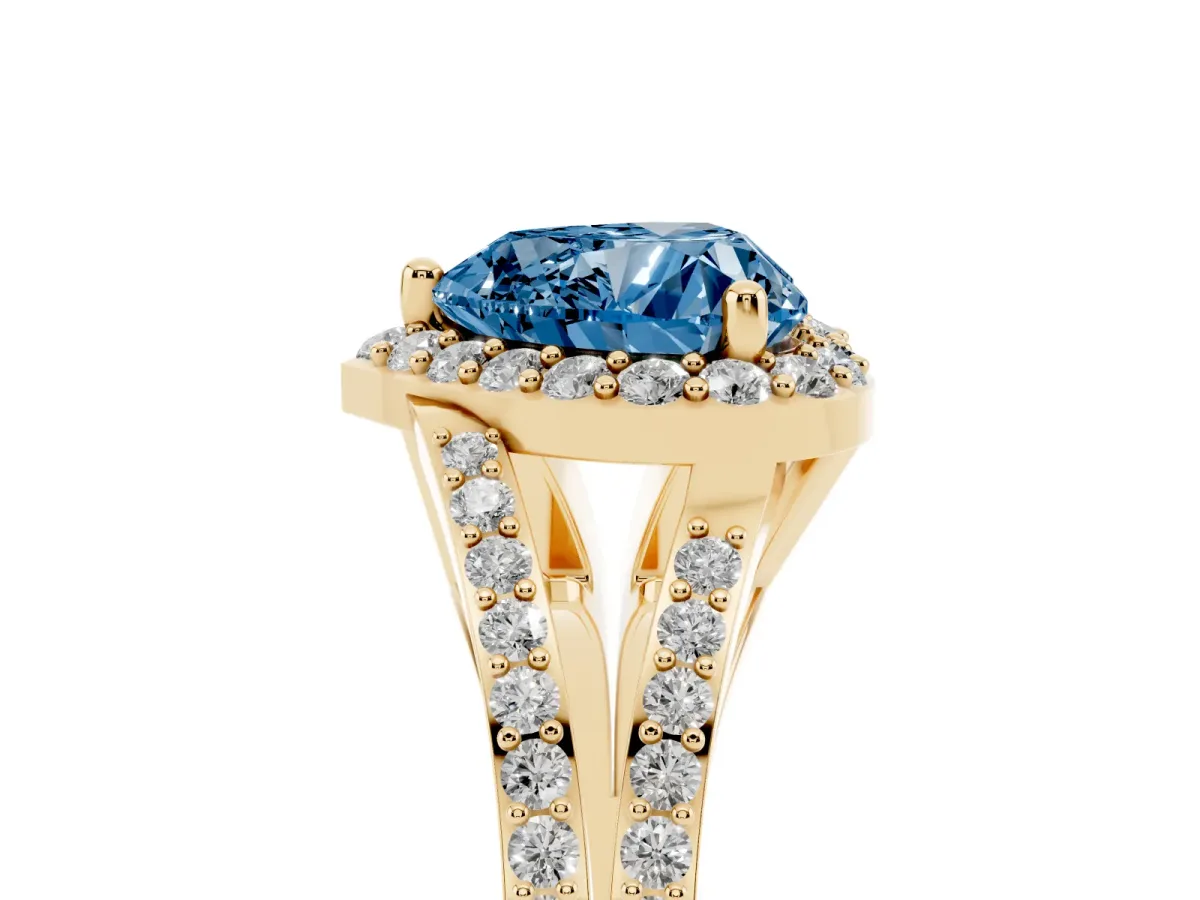 Fancy Blue Heart Cut Halo Split Shank Diamond Ring with Prong Setting Yellow gold