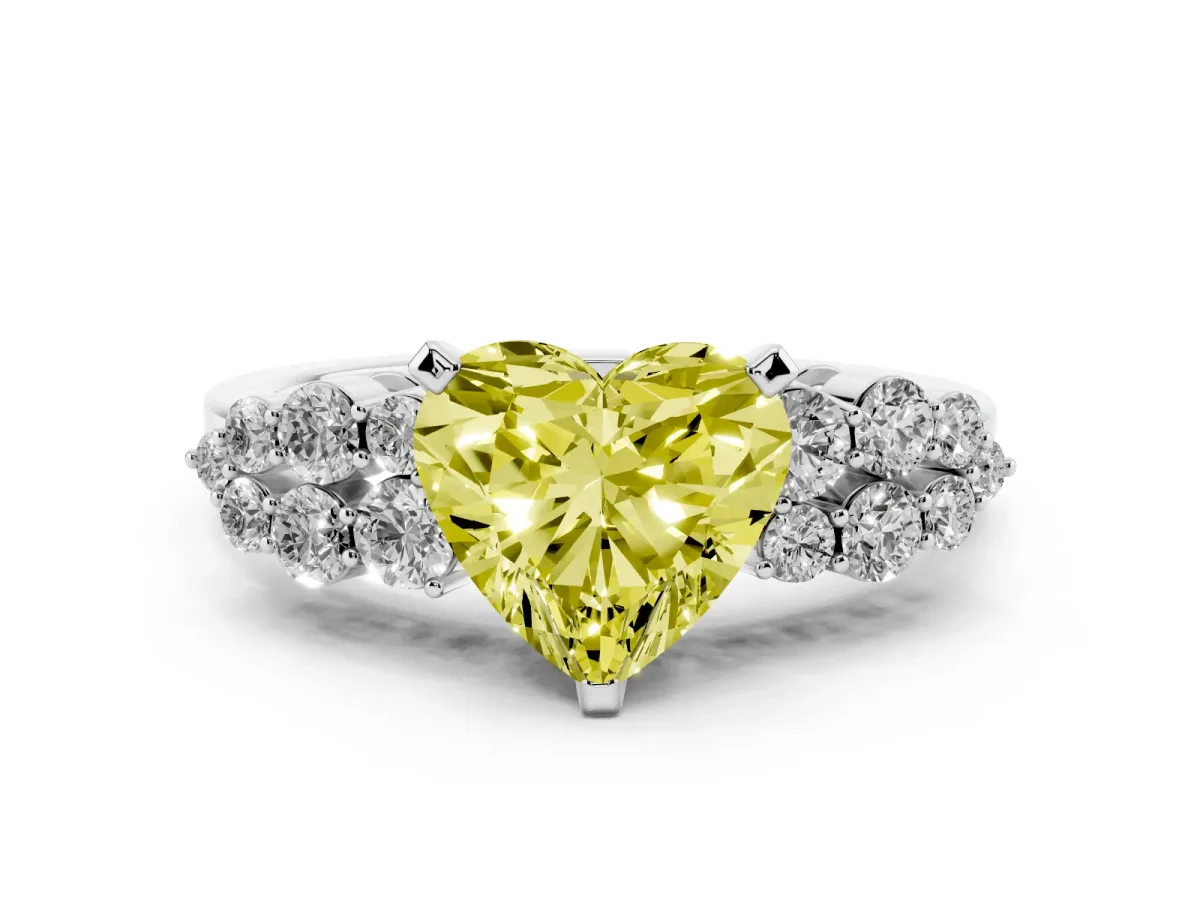 Fancy Yellow Heart Cut Cluster Diamond Engagement Ring with Pavé Band and Four-Prong Setting White gold