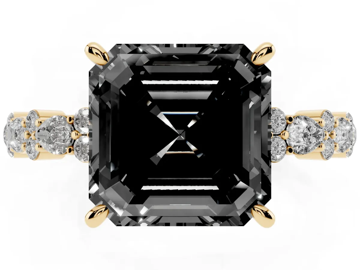 Fancy Black Asscher Cut Diamond Side Stone Solitaire Ring with Round and Four-Prong Setting Yellow gold