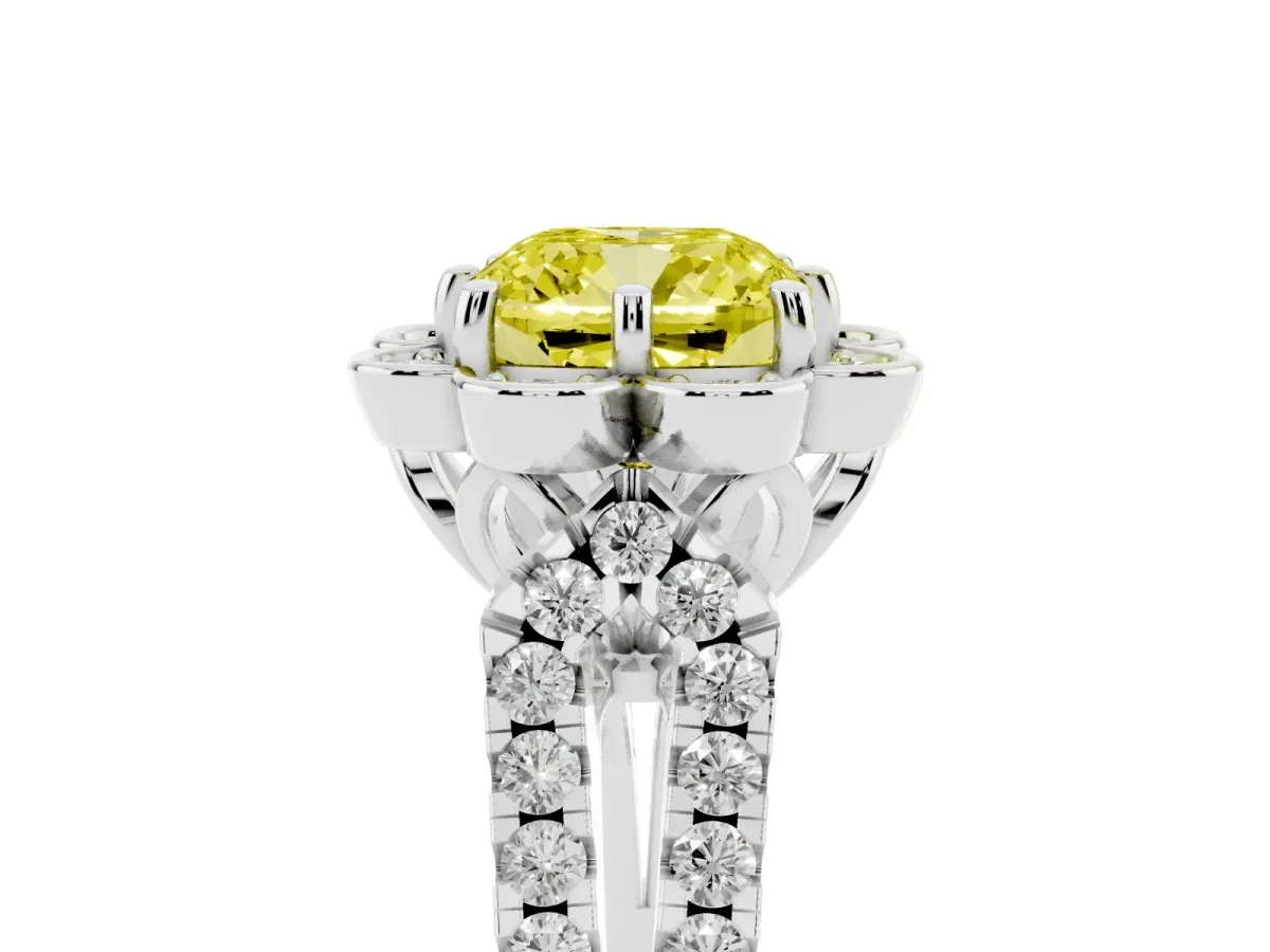 Fancy Yellow Cushion Cut Halo Diamond Floral Split Shank Engagement Ring Silver