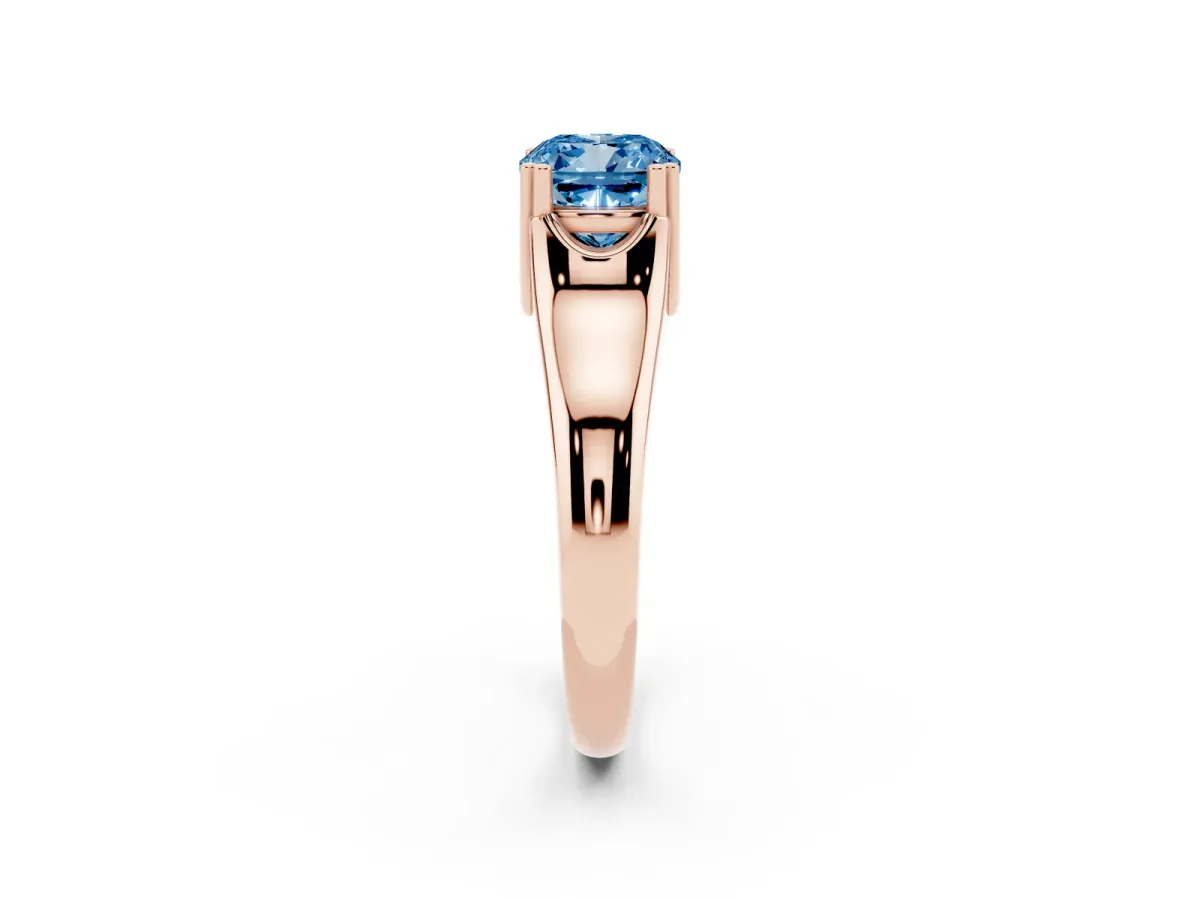 Fancy Blue Cushion Cut Diamond Solitaire Ring with Wide Band and Prong Setting Rose gold