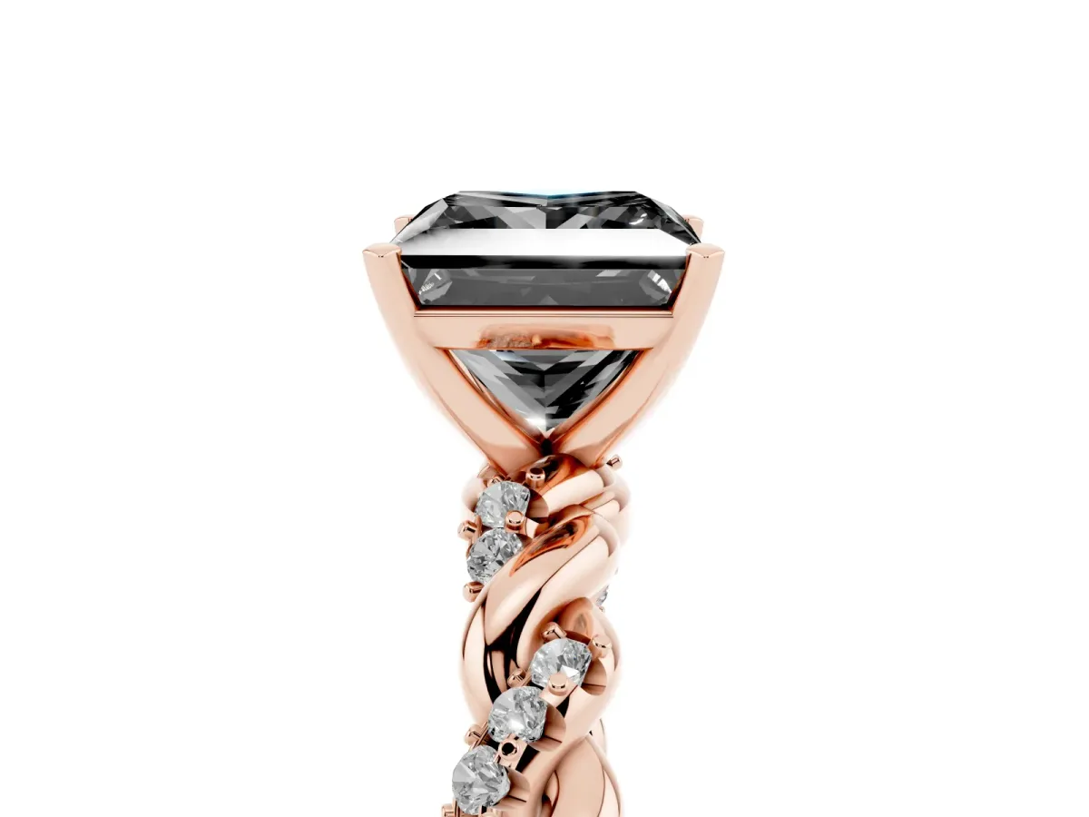 Fancy Black Princess Cut Diamond Solitaire Ring with Twisted Band and Pavé Accents Rose gold