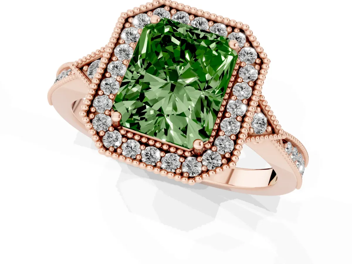 Fancy Green Radiant Cut Halo Round Diamond Milgrain Pave Engagement Ring Rose gold