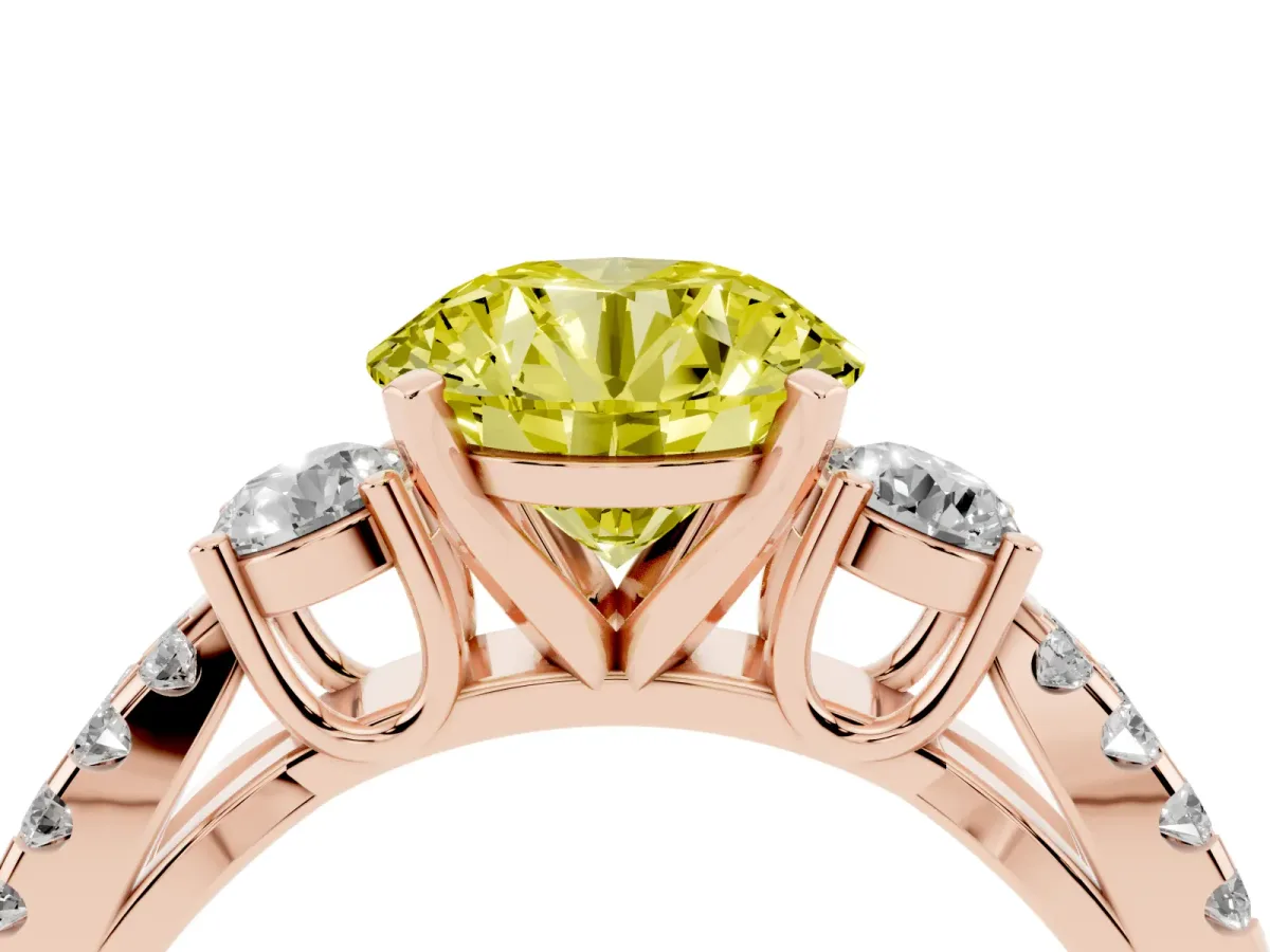Fancy Yellow Round Cut Diamond Three-Stone Ring with Pavé Split Shank and Four-Prong Setting Rose gold