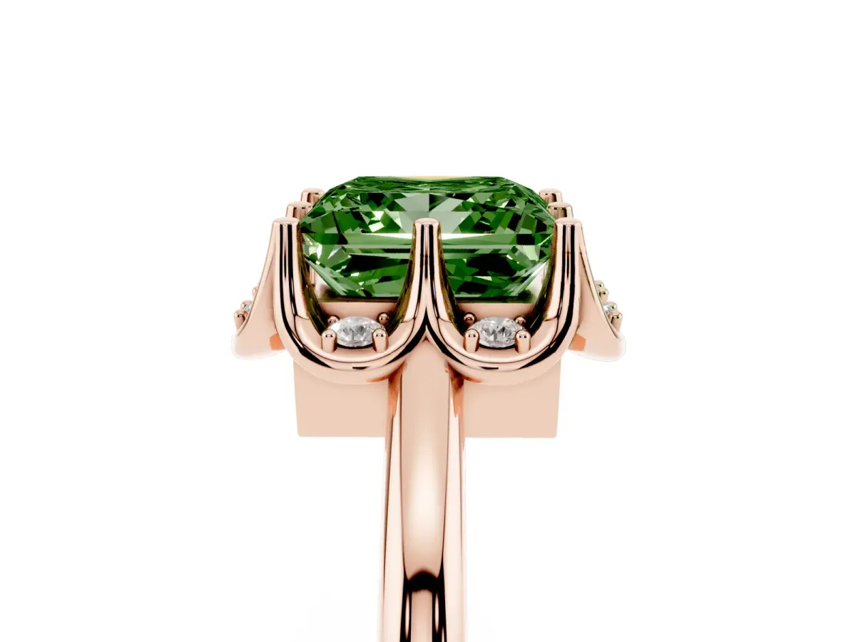 Fancy Green Princess Cut Halo Diamond Ring with Round Cluster Setting, Solitaire Band, and Four-Prong Setting Rose gold