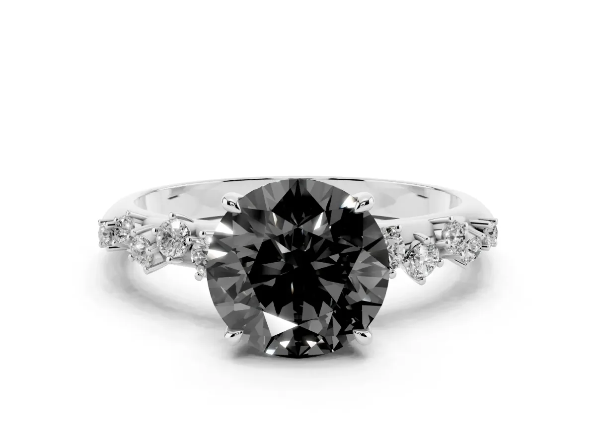 Fancy Black Round Cut Diamond Cluster Side Stone Solitaire Ring with Prong Setting Platinum