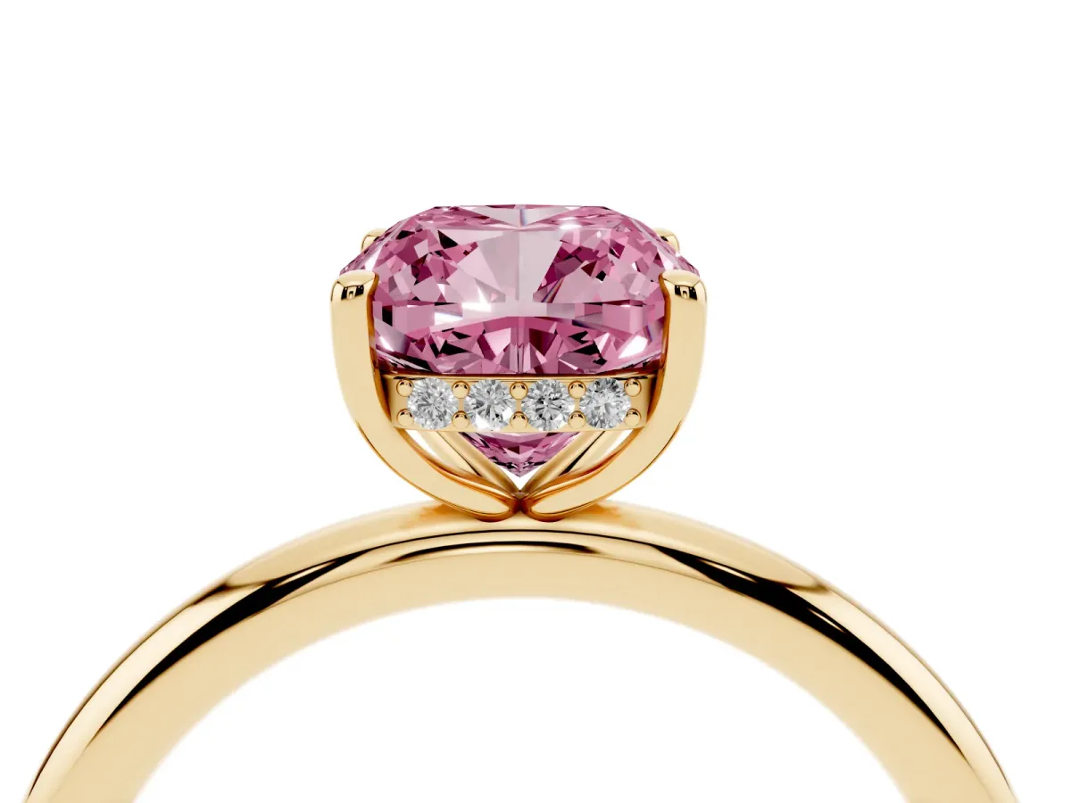 Fancy Pink Cushion Cut Diamond Solitaire Ring with Thin Band and Four-Prong Setting Yellow gold