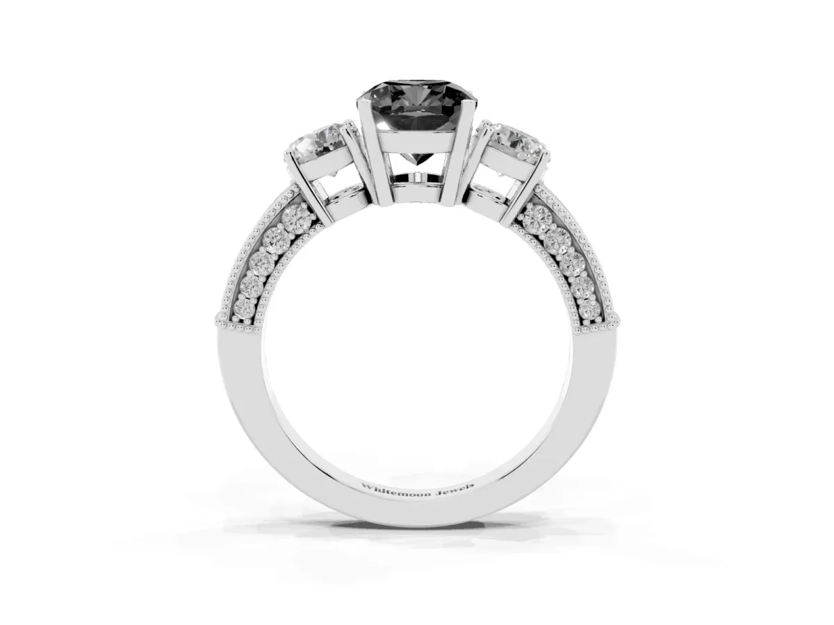 Fancy Black Cushion Cut Three-Stone Diamond Ring with Pavé Band and Four-Prong Setting Silver