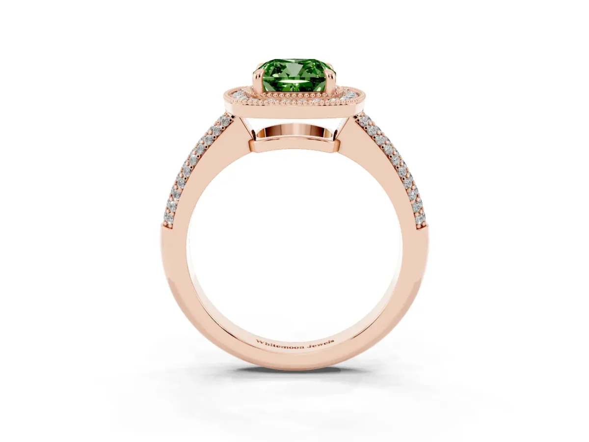 Fancy Green Cushion Cut Cut Halo Diamond Pave Band with Four-Prong Setting Rose gold