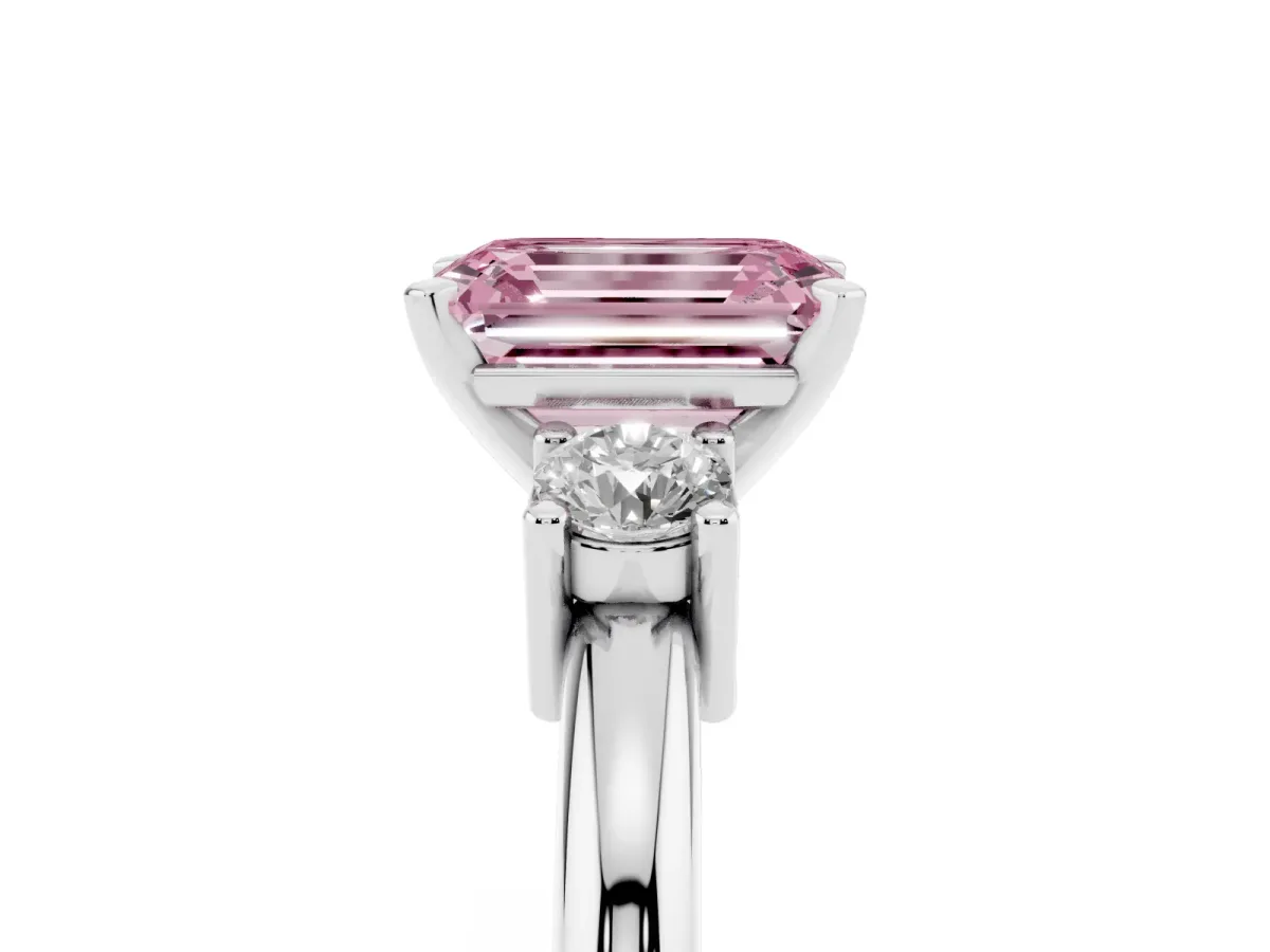 Fancy Pink Three-Stone Emerald Cut Cut Diamond Solitaire with Prong Setting and Classic Band Silver