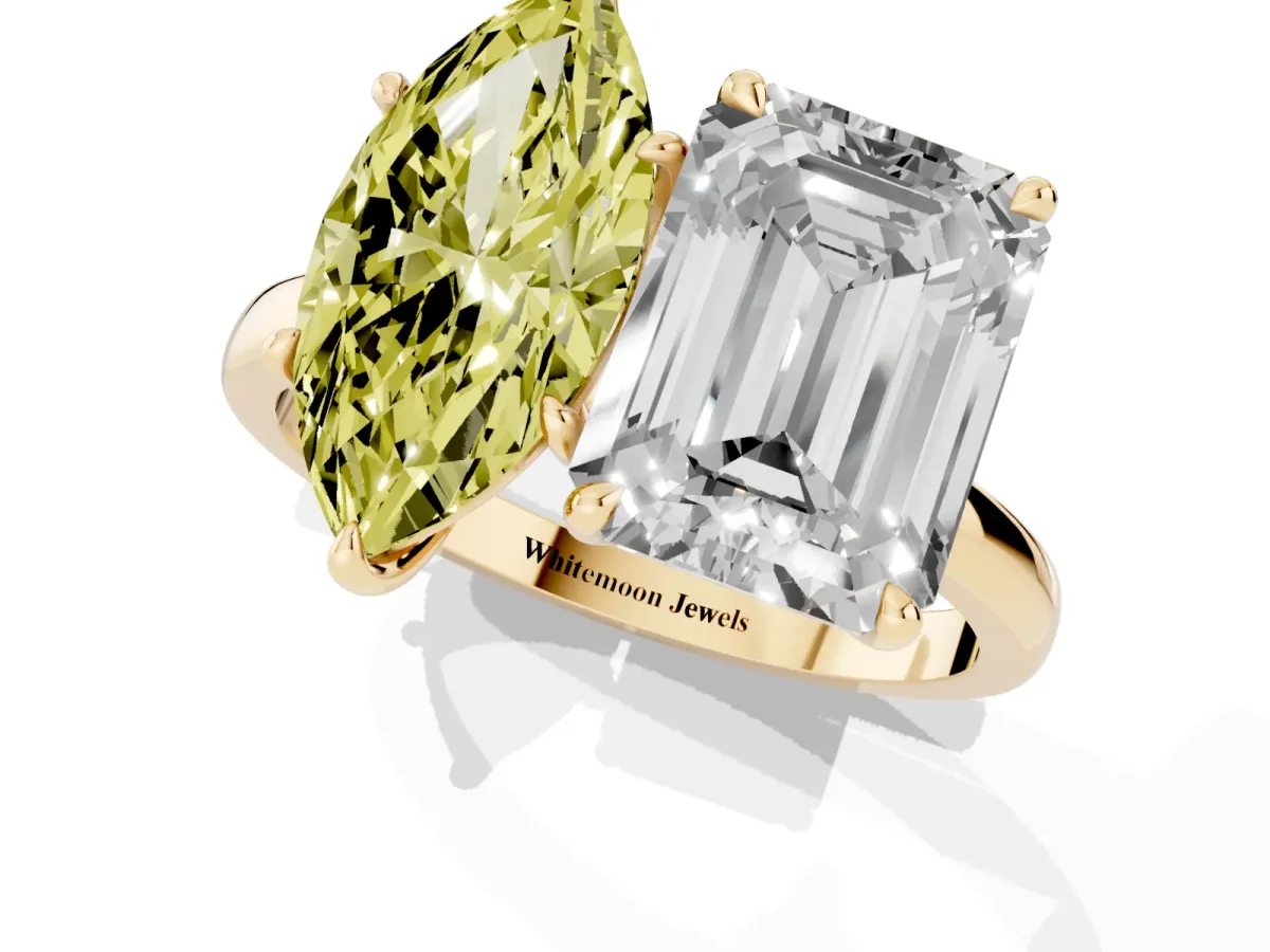 Fancy Yellow Marquise Cut and Emerald Cut Toi Moi Ring with Prong Setting Yellow gold