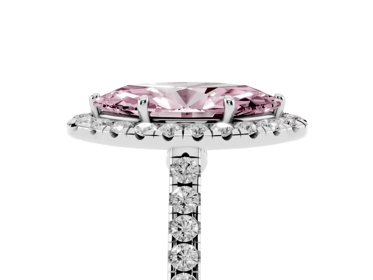 Fancy Pink Marquise Cut Halo Pave Diamond Engagement Ring with Four-Prong Setting Platinum