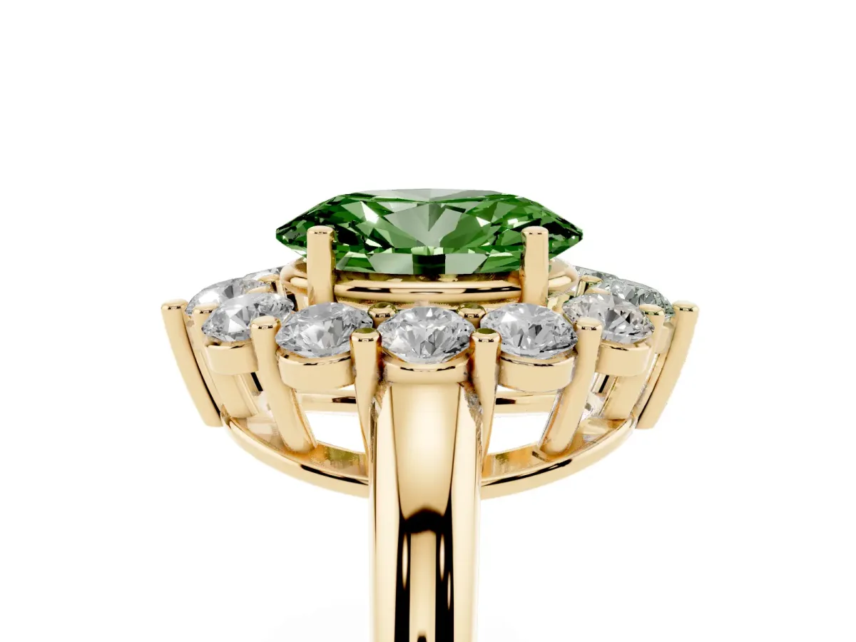 Fancy Green Oval Cut Halo Cluster Diamond Engagement Ring with Prong Setting and Polished Band Yellow gold
