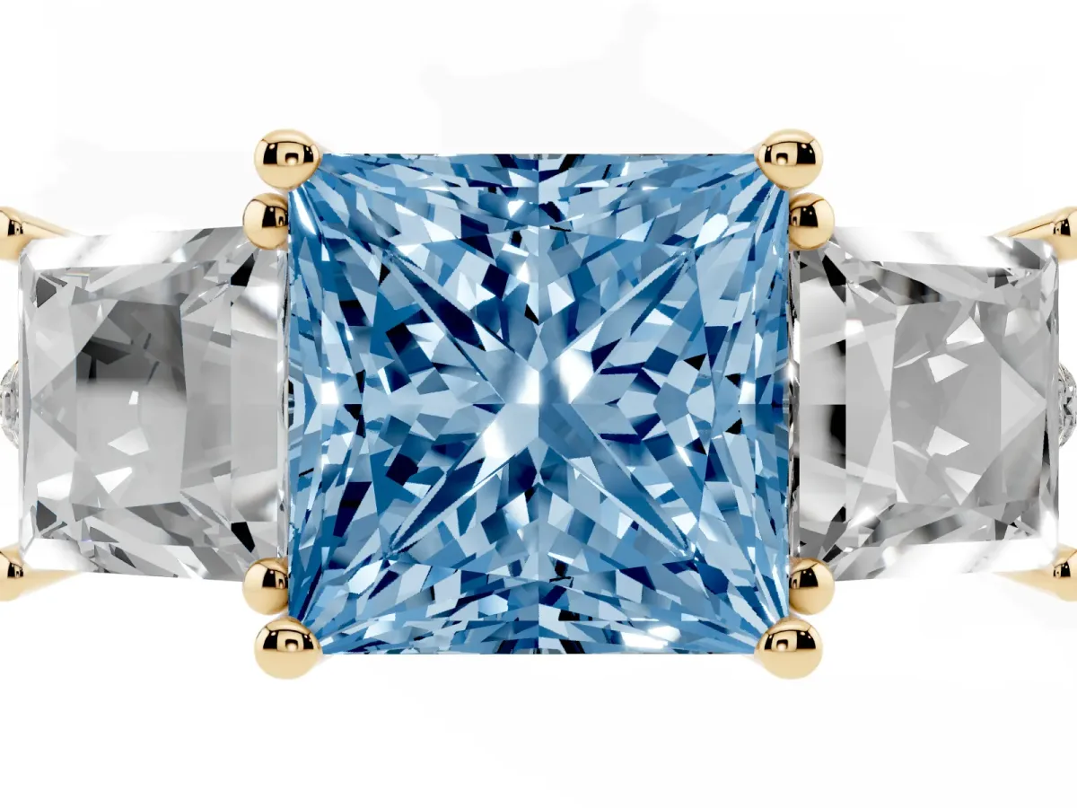 Fancy Blue Three-Stone Princess Cut Diamond Ring with Round Pavé Band and Prong Setting Yellow gold