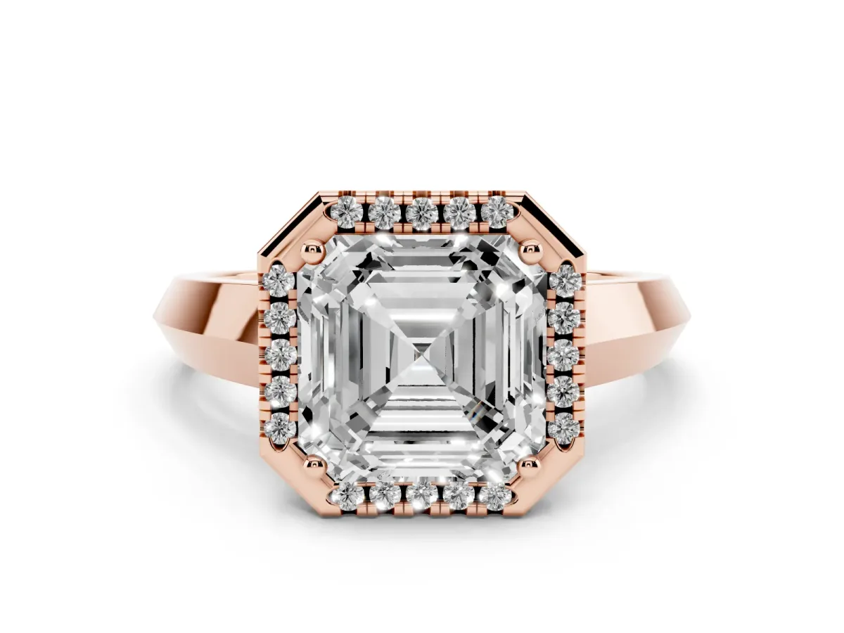 Asscher Cut Halo Diamond Ring with Cathedral Band and Four-Prong Setting Rose gold