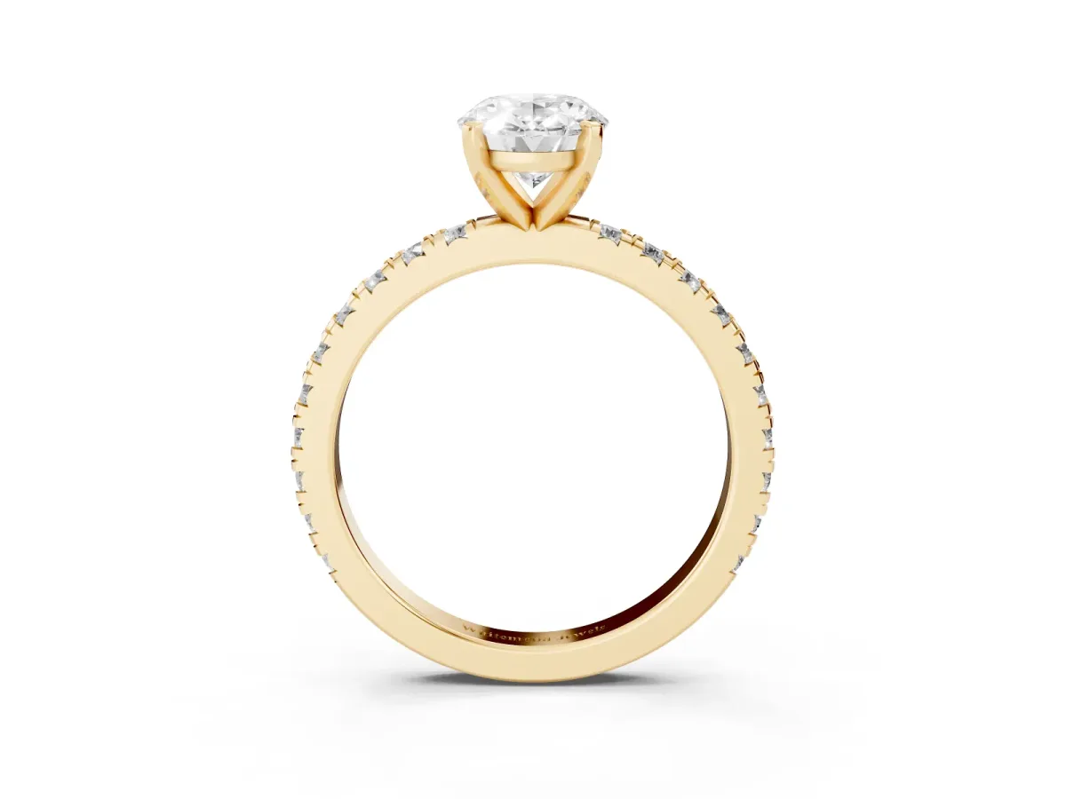 Oval Cut Diamond Pavé Band Solitaire with Four-Prong Setting Yellow gold