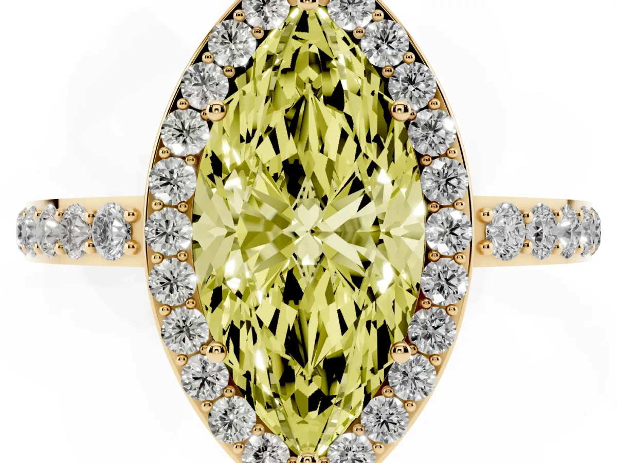 Fancy Yellow Marquise Cut Halo Diamond Pavé Band Ring with Prong Setting Yellow gold