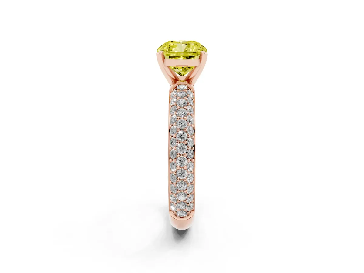 Fancy Yellow Cushion Cut Diamond Solitaire Ring with Prong Setting and Pavé Band Rose gold