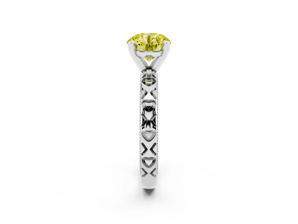 Fancy Yellow Round Cut Solitaire Diamond Engagement Ring with XO Engraved Band and Four-Prong Setting Silver