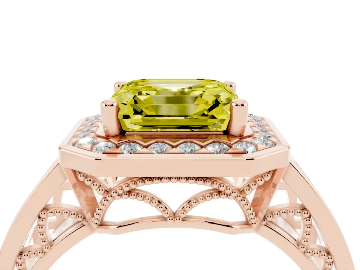 Fancy Yellow Asscher Cut Diamond Halo Ring with Split Shank and Bezel Accents and Prong Setting Rose gold