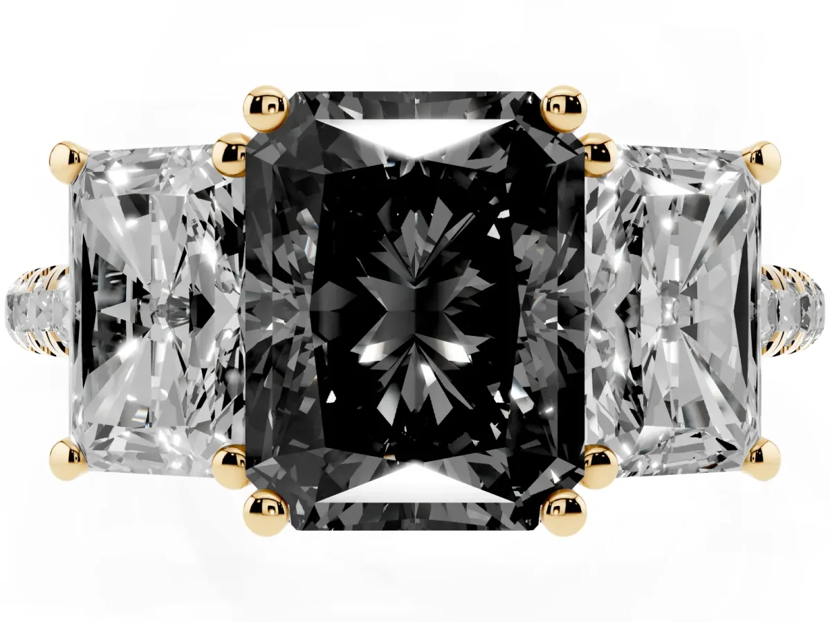 Fancy Black Three-Stone Radiant Cut Diamond Ring with Round Pavé Band and Prong Setting Yellow gold