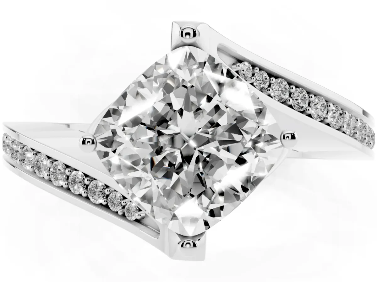 Cushion Cut Solitaire Diamond Twist Band with Pavé Setting and Four-Prong Setting Silver