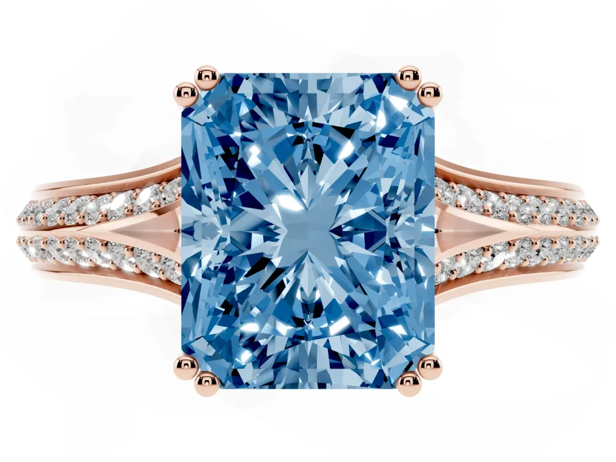 Fancy Blue Radiant Cut Diamond Split Shank Engagement Ring with Pavé Band Rose gold