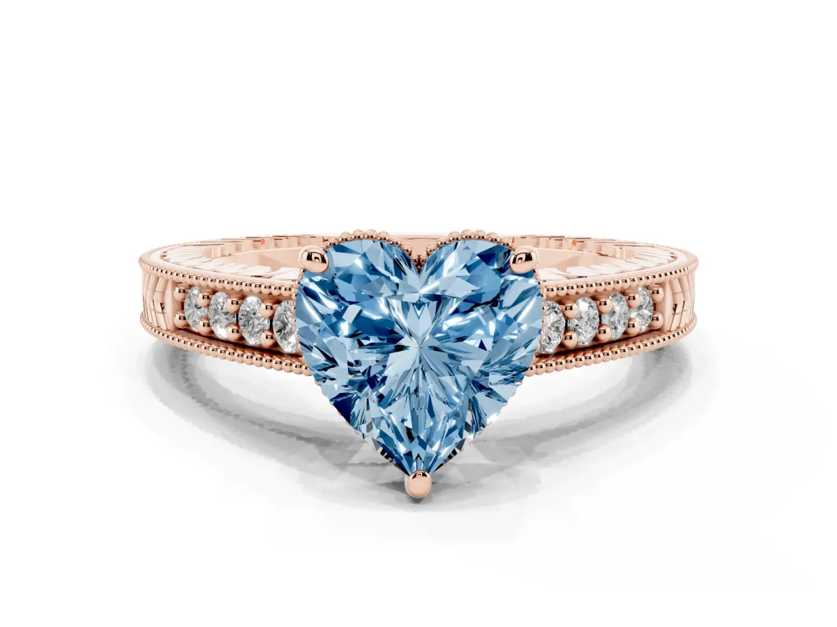 Fancy Blue Heart Cut Solitaire Pavé Diamond Milgrain Engagement Ring with Four-Prong Setting Rose gold