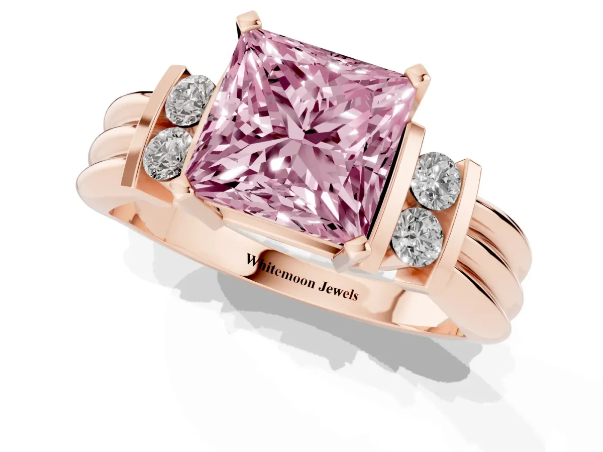 Fancy Pink Princess Cut Cut Three-Stone Channel Set Ring with Bar Prongs Rose gold