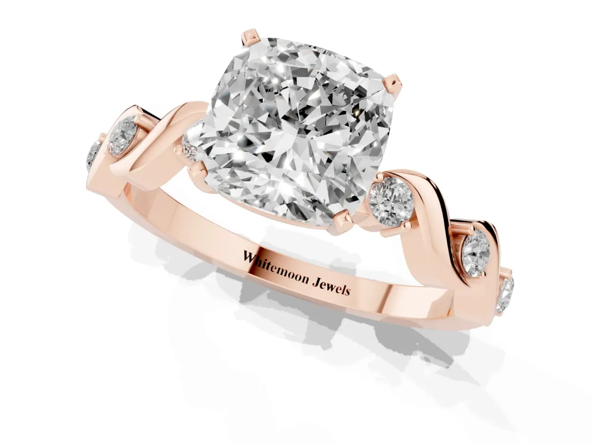 Cushion Cut Diamond Solitaire Twisted Band with Round Accents and Prong Setting Rose gold