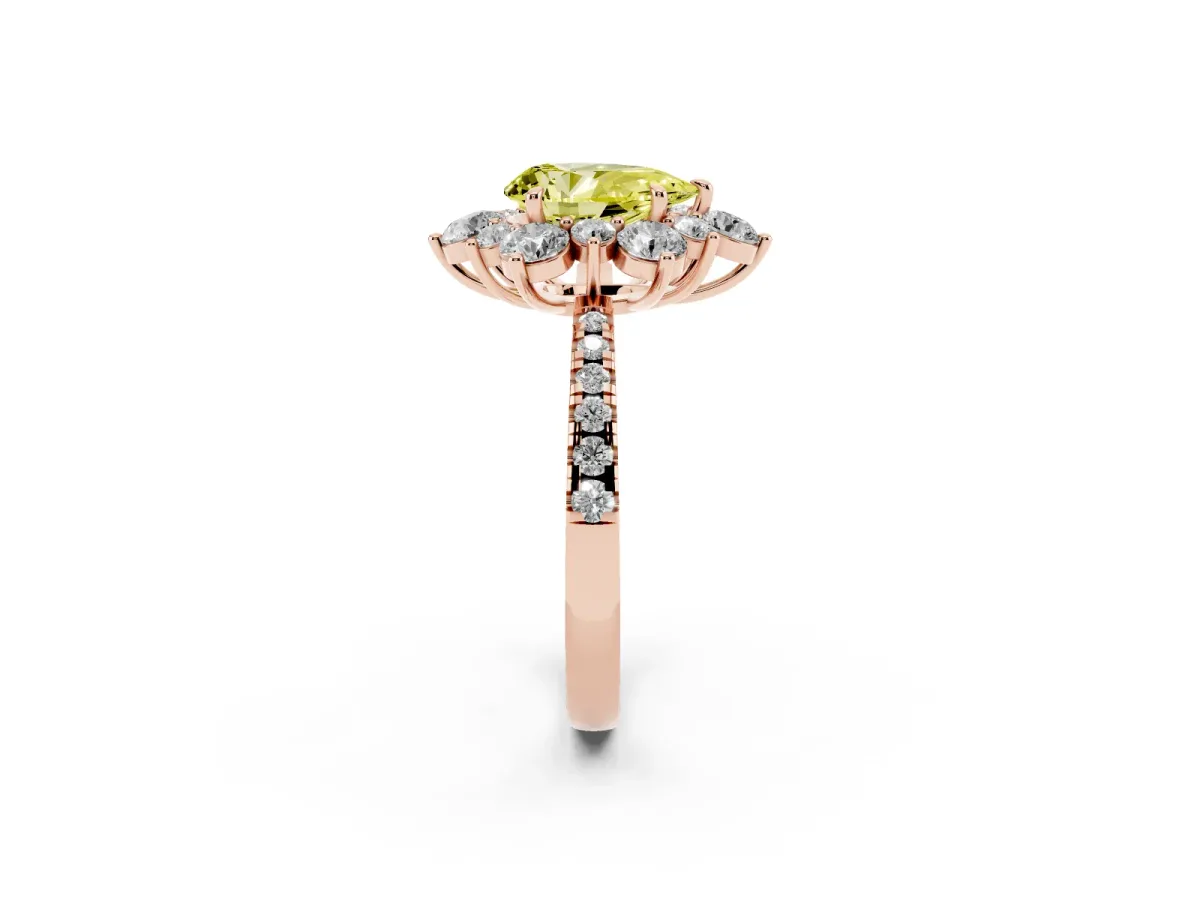 Fancy Yellow Pear Cut Diamond Floral Halo Ring with Round Pavé Band and Prong Setting Rose gold