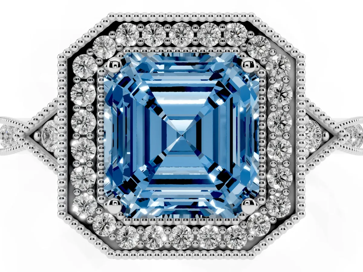Fancy Blue Asscher Cut Halo Round Diamond Milgrain Pave Engagement Ring Silver