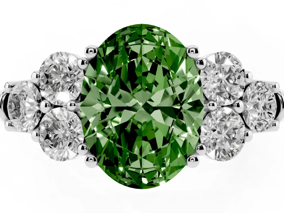 Fancy Green Oval Cut Cut Diamond Cluster Ring with Round Accent Stones and Prong Setting on a Classic Band White gold