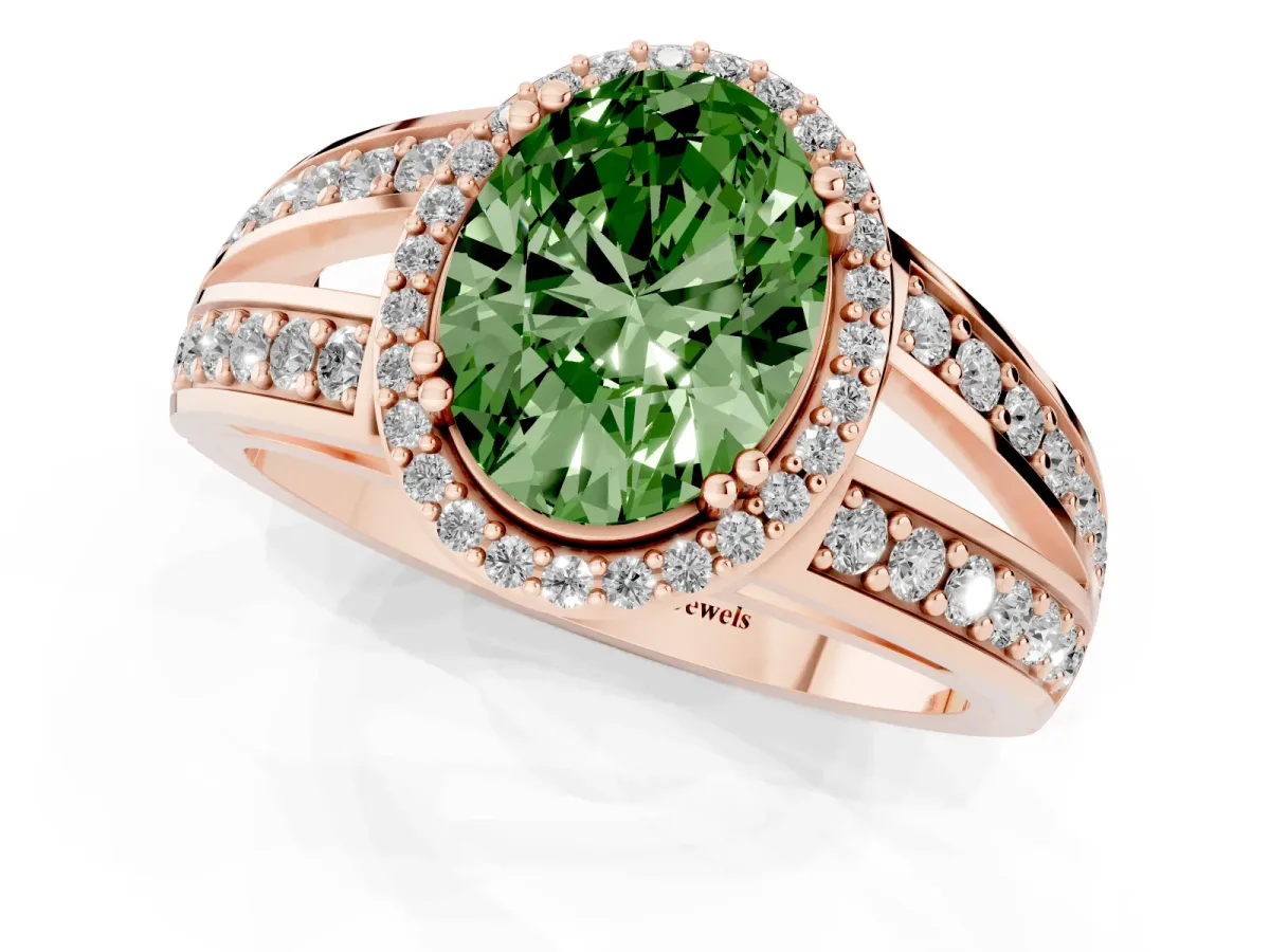 Fancy Green Oval Cut Diamond Halo Ring with Split Shank Pavé Band and Four-Prong Setting Rose gold