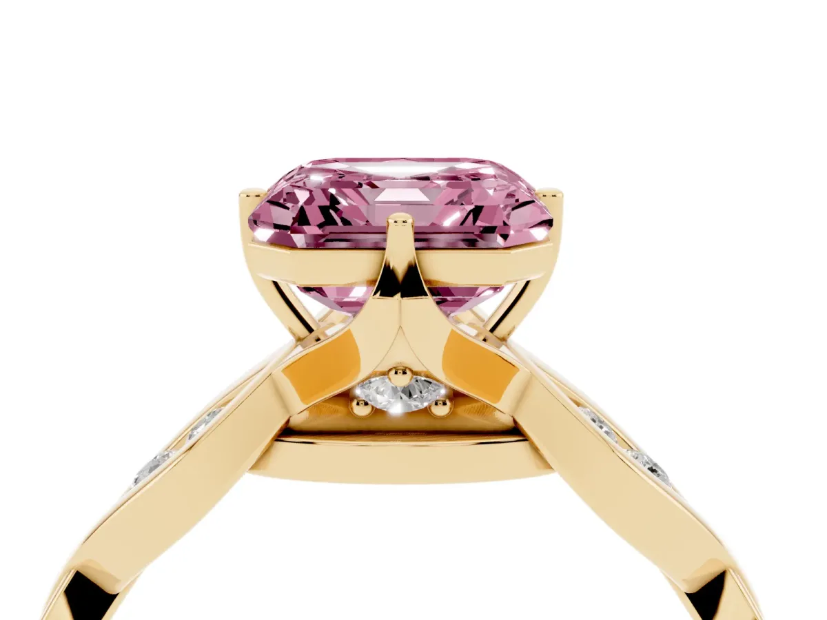 Fancy Pink Asscher Cut Solitaire Twist Band with Leaf Prong Setting Yellow gold