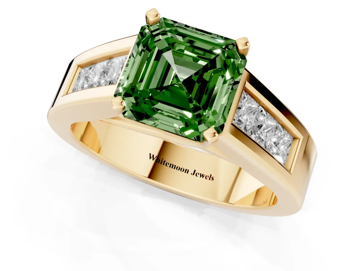 Fancy Green Asscher Cut Cut Channel Set Solitaire Ring with Four-Prong Setting Yellow gold